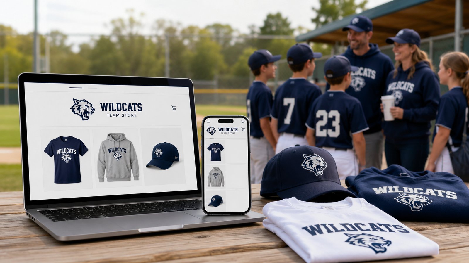 Wildcats youth baseball team store shown on laptop and phone, with matching navy team t-shirts, hoodies, and caps, next to real players and family in the same colors at the field