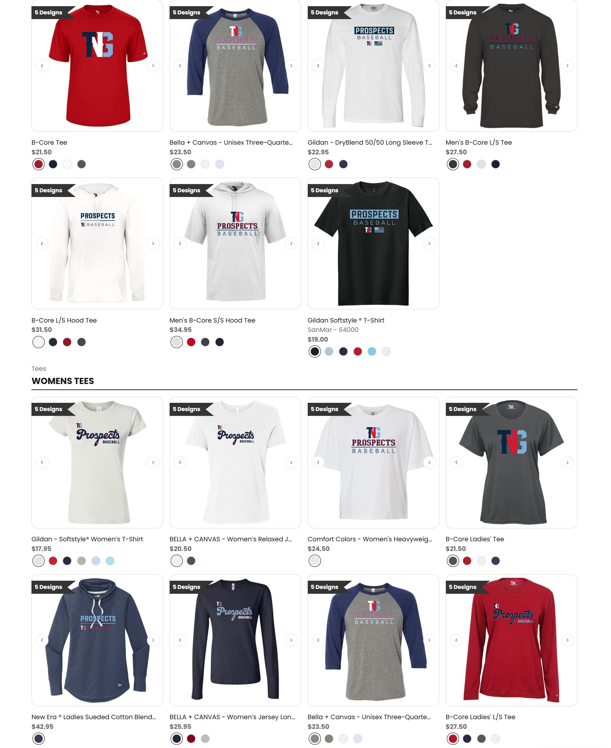 Custom online apparel store showing branded team tees