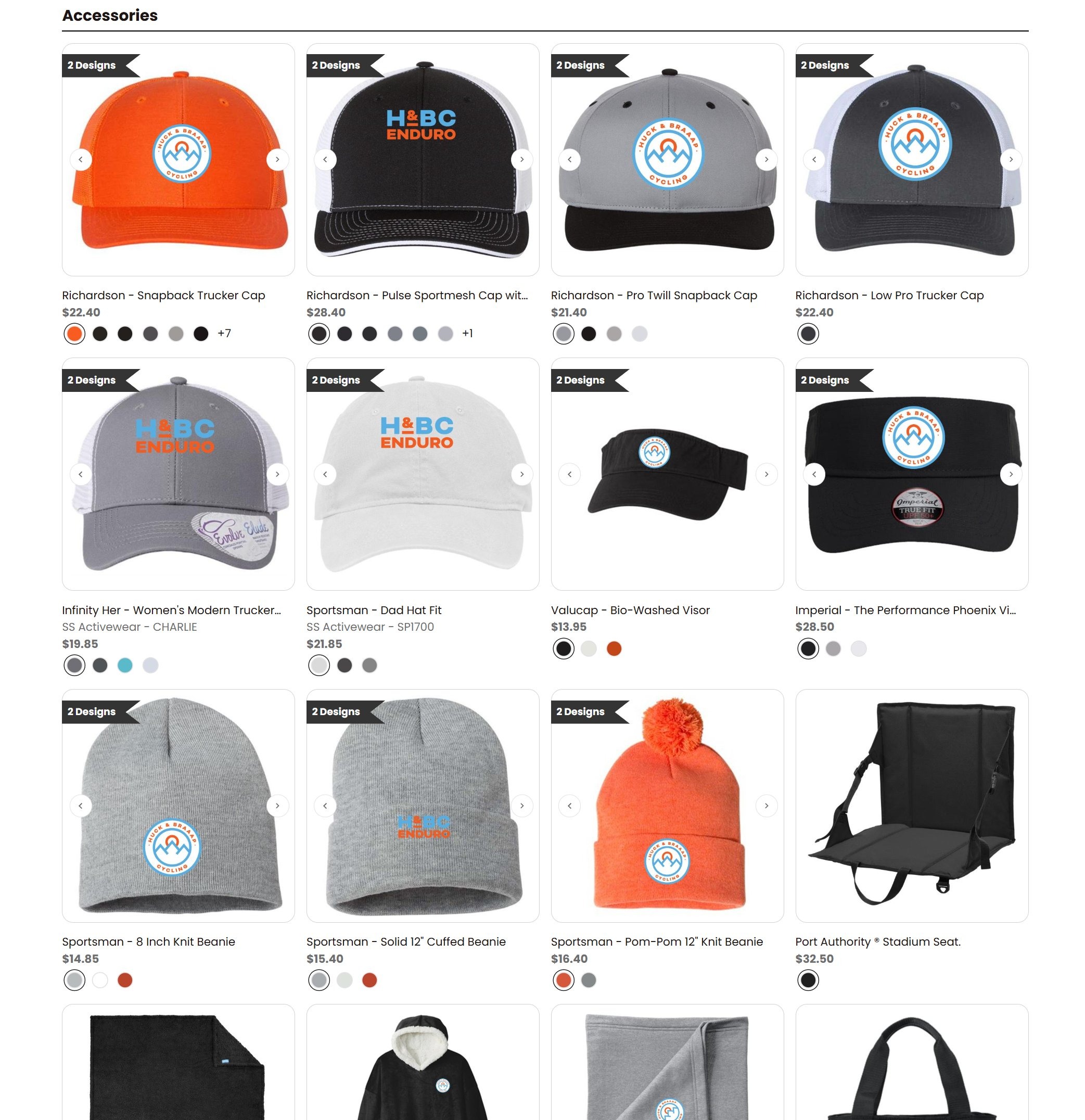 Custom online apparel store showing branded hats and accessories